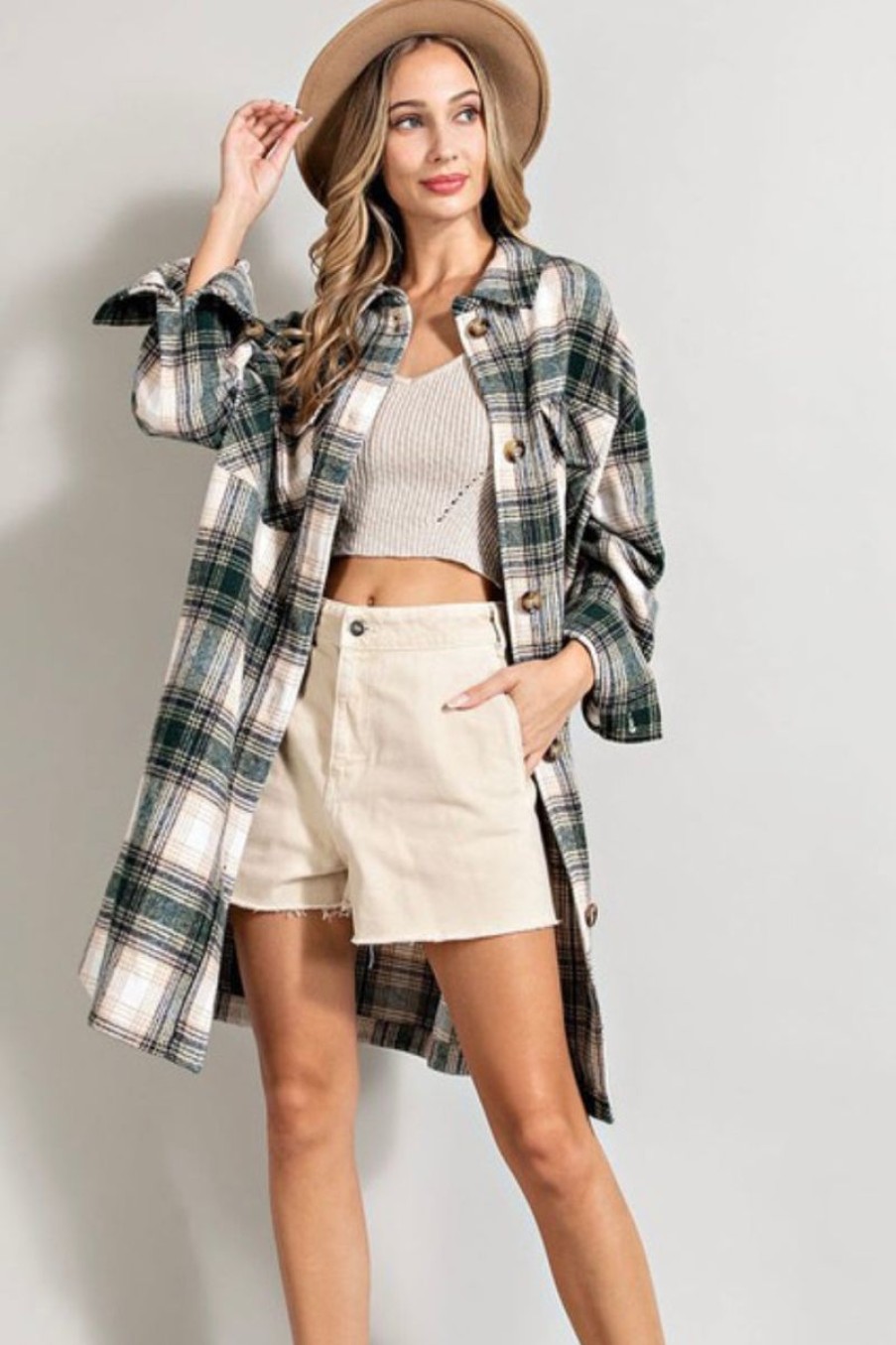 Women Aqua Bay Shackets & Jackets | Hunter Green Long Plaid Shacket