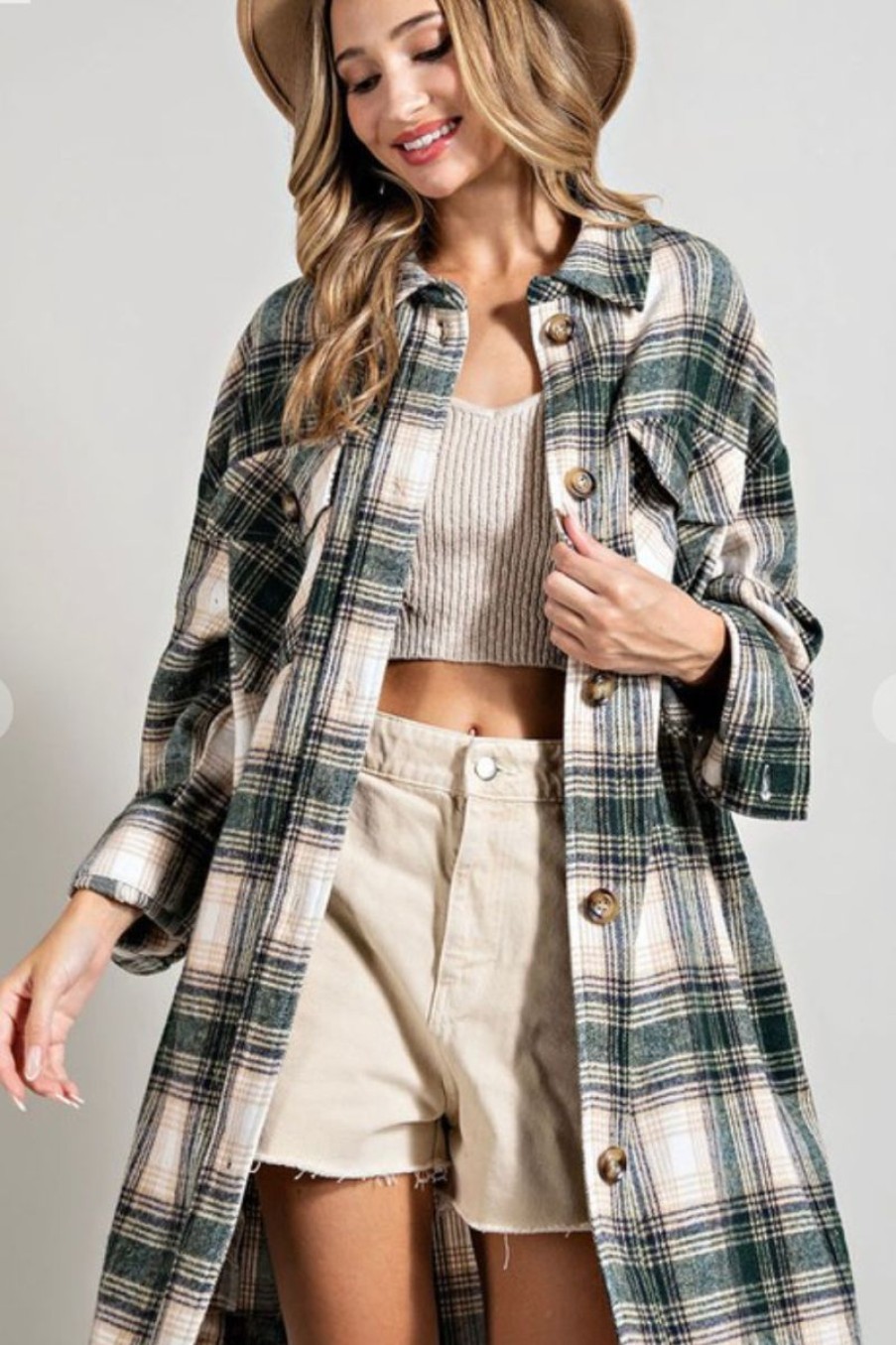 Women Aqua Bay Shackets & Jackets | Hunter Green Long Plaid Shacket