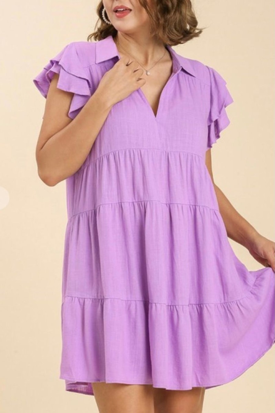 Women Aqua Bay Dresses & Rompers | Lavender Linen Blend Ruffle Sleeve Collared Tiered Dress