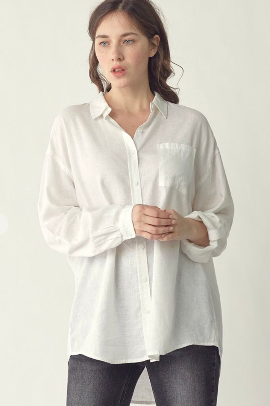 Women Aqua Bay Tops, Bottoms & Sets | Oversized White Linen Button Down Shirt