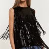 Women Aqua Bay Tops | Black Sequin Fringe Sleeveless Top