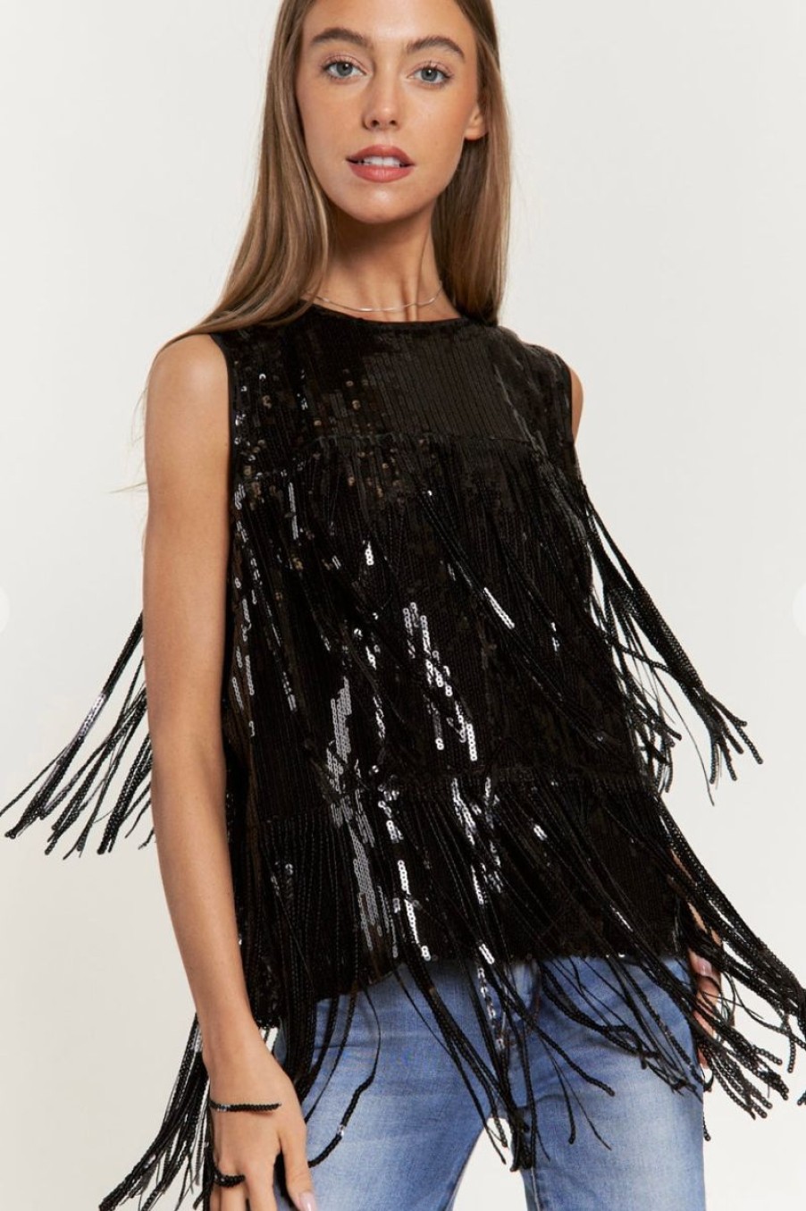 Women Aqua Bay Tops | Black Sequin Fringe Sleeveless Top