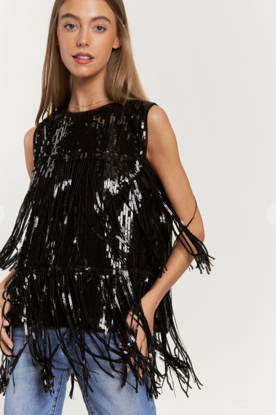 Women Aqua Bay Tops | Black Sequin Fringe Sleeveless Top