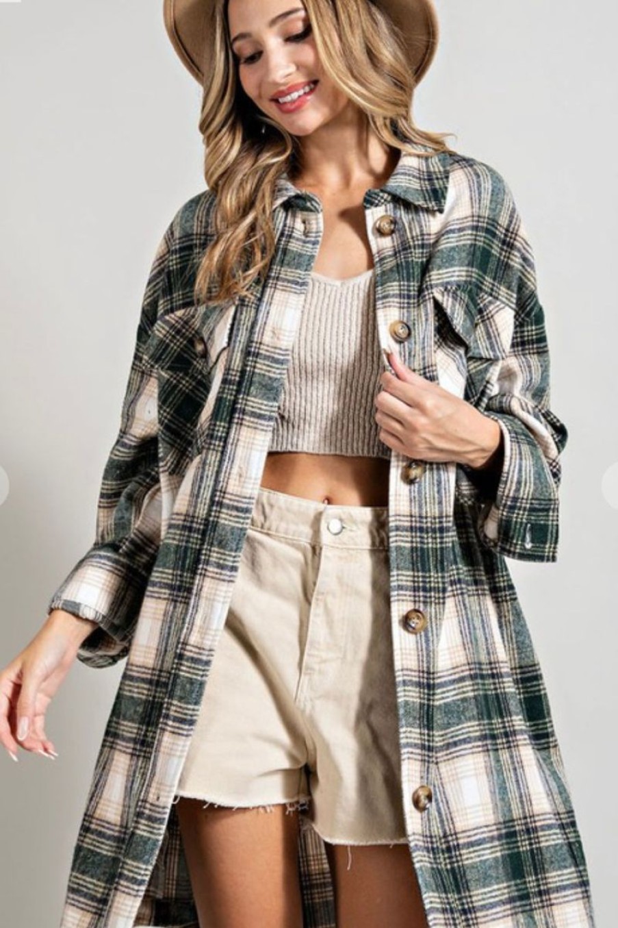 Women Aqua Bay Tops | Hunter Green Long Plaid Shacket