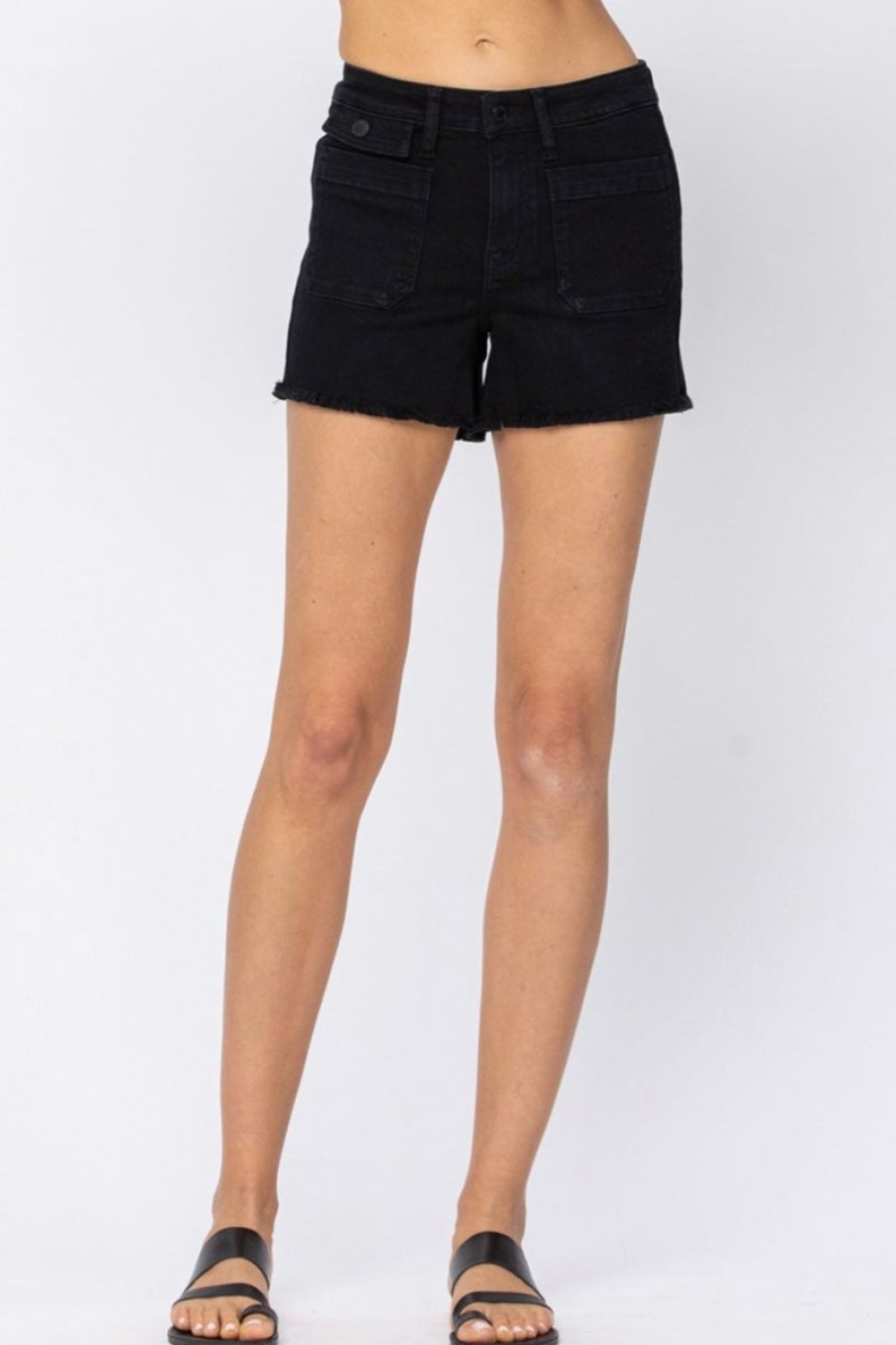 Women Aqua Bay Shorts & Skirts | Kaitlin Cargo Patch Pocket Black Denim Shorts