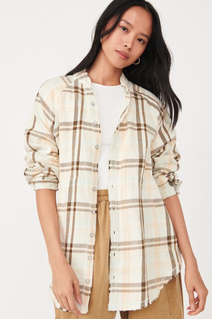 Women Aqua Bay Tops | Free People Summer Daydream Plaid Button Down Top-Size Xl Ivory Plaid