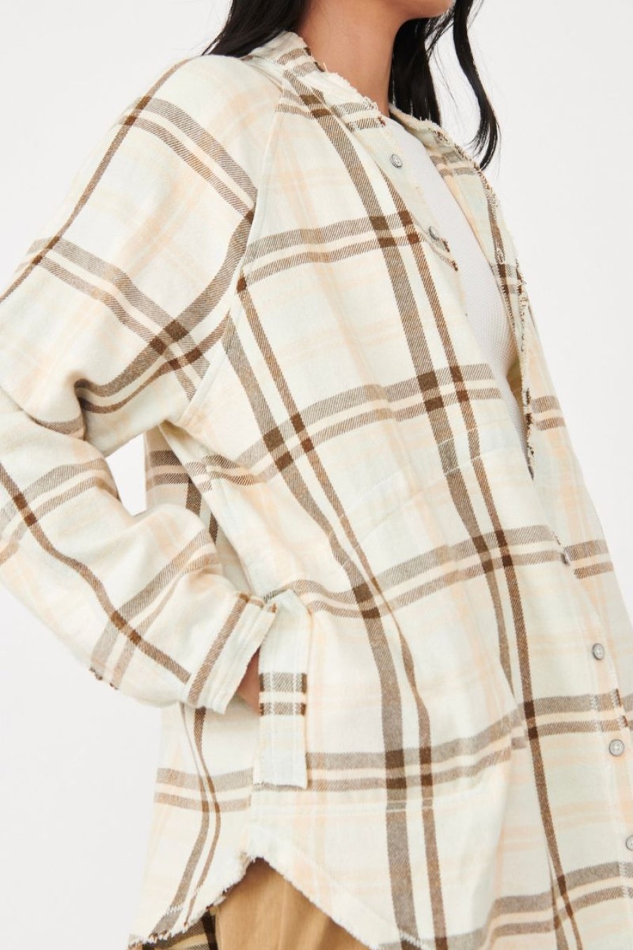 Women Aqua Bay Tops | Free People Summer Daydream Plaid Button Down Top-Size Xl Ivory Plaid