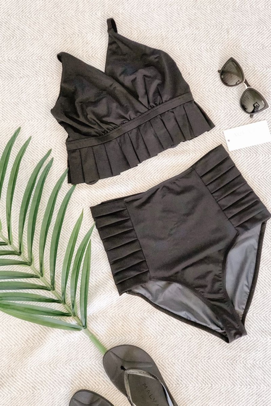 Women Aqua Bay Bikini Bottoms | The "Monroe" High Waist Pleated Bikini Bottom In Black