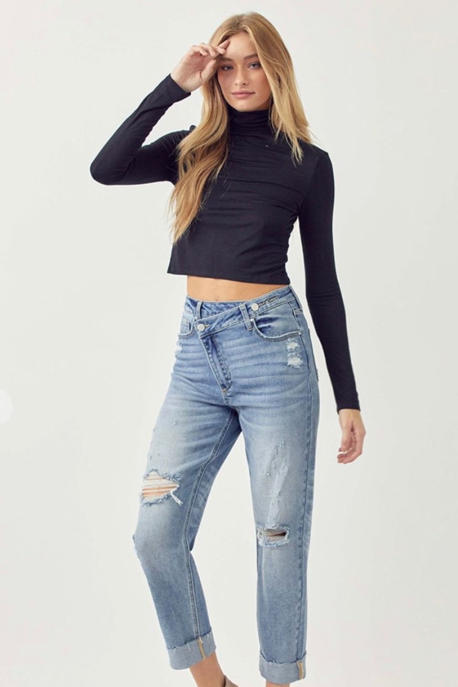 Women Aqua Bay Bottoms | Boyfriend Cross Over Fly Distressed Cuffed Jeans