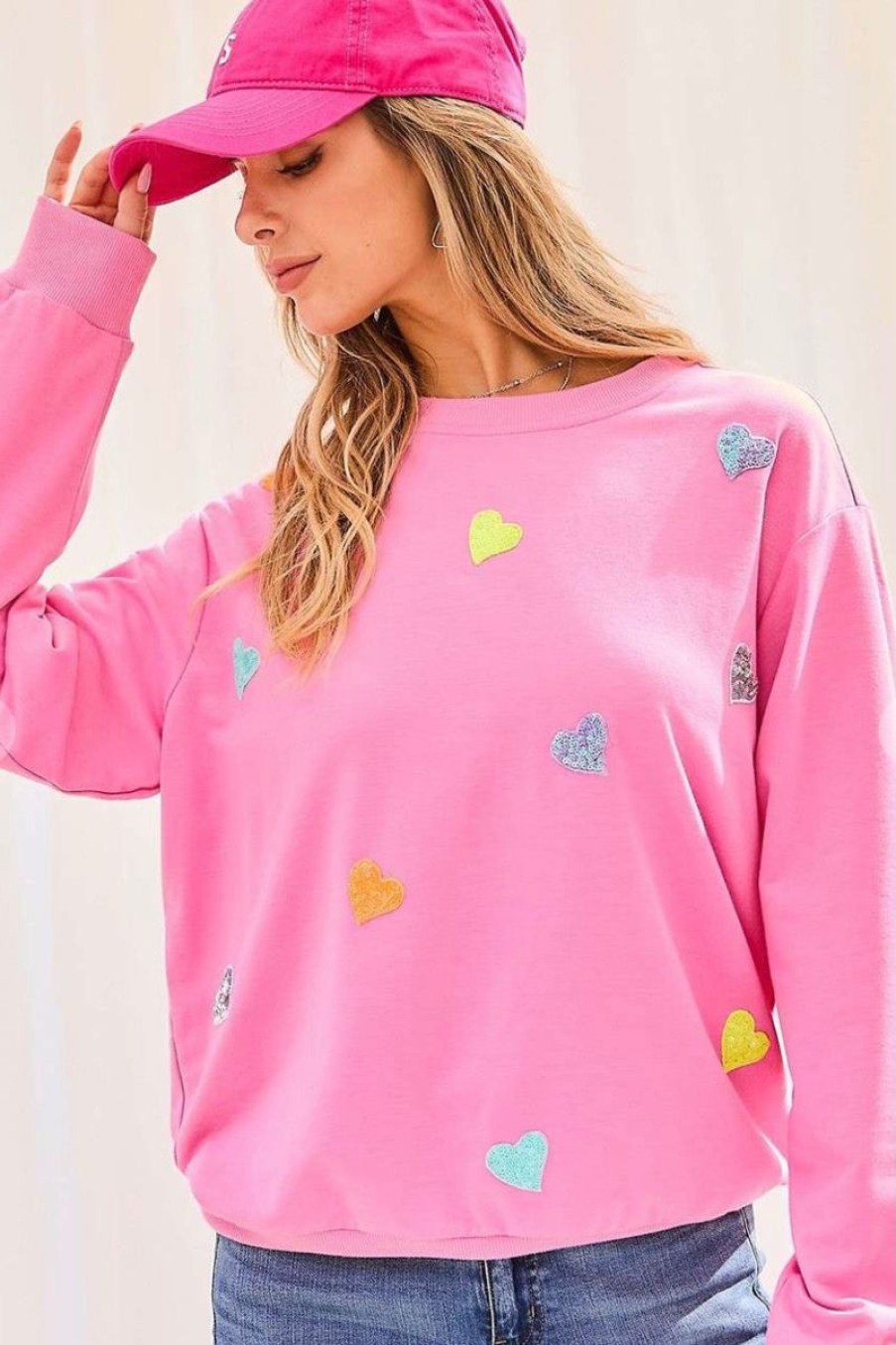 Women Aqua Bay Tops | Pink Sequin Heart Patch Terry Sweatshirt