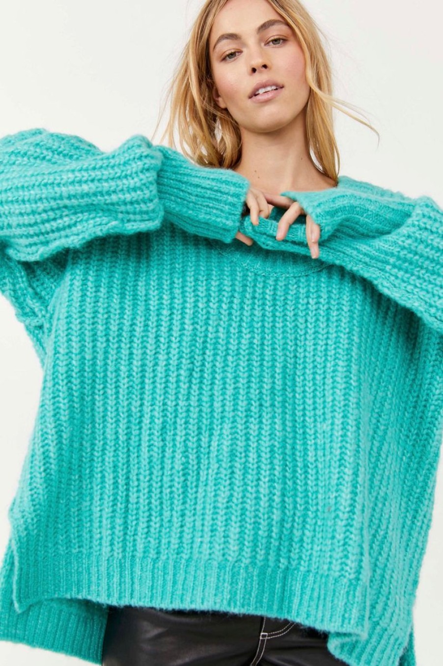 Women Aqua Bay Sweaters & Cardigans | Free People Blue Bell V Neck Sweater In Turquoise Electric Teal