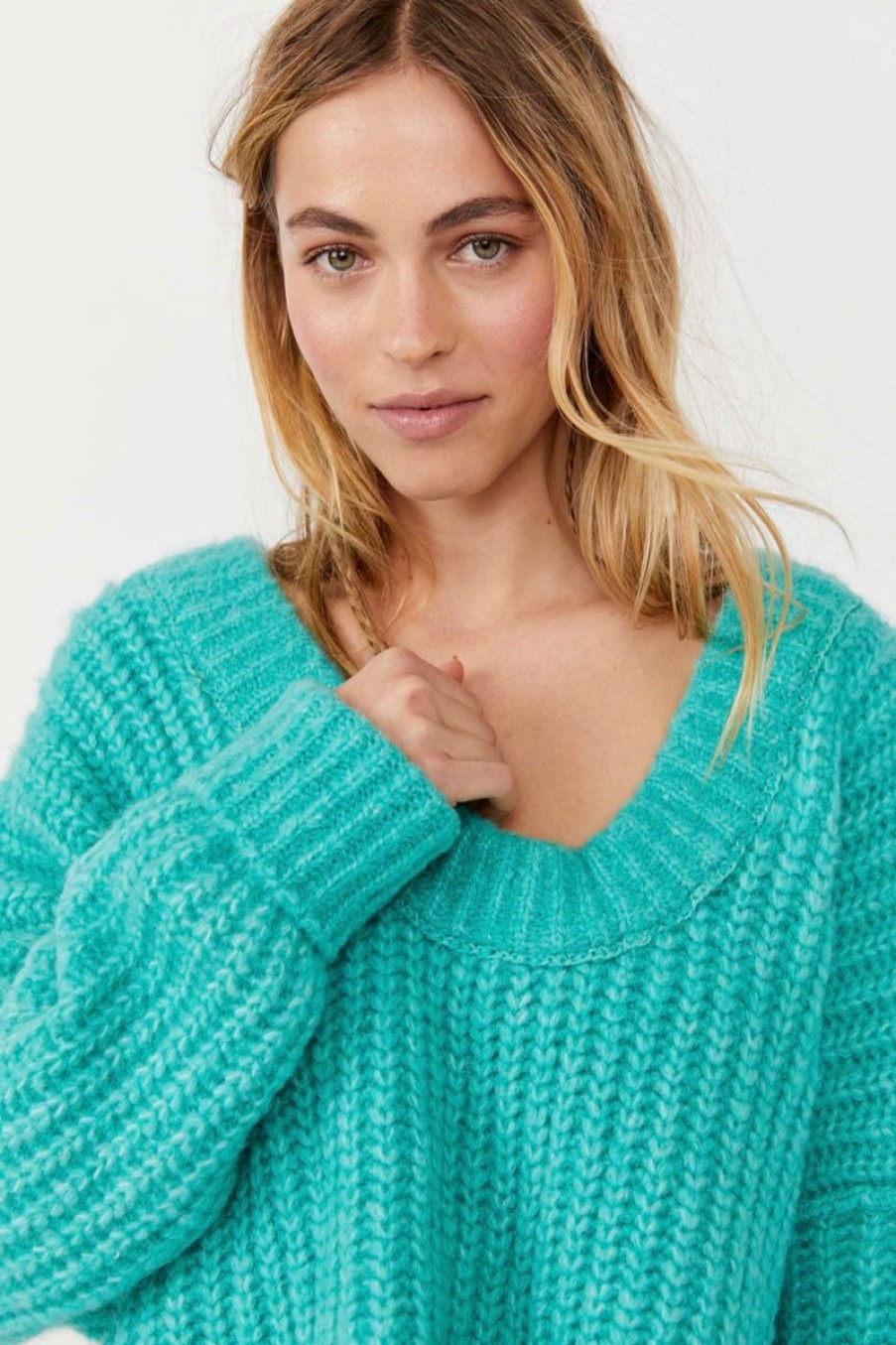 Women Aqua Bay Sweaters & Cardigans | Free People Blue Bell V Neck Sweater In Turquoise Electric Teal