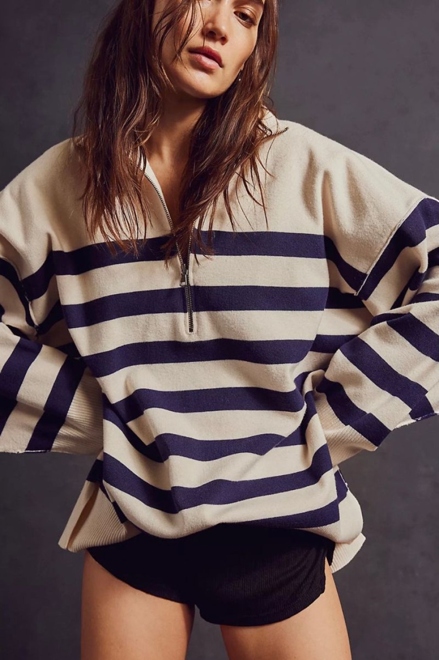 Women Aqua Bay Tops | Free People Coastal Stripe Pullover Sweater-Last One Size M Champagne Navy Combo