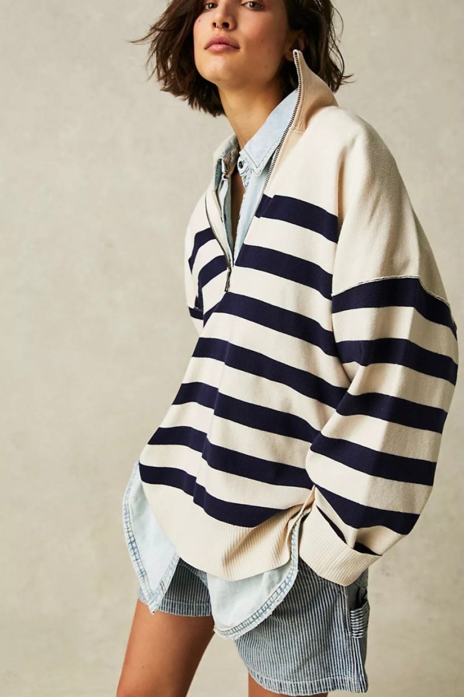 Women Aqua Bay Tops | Free People Coastal Stripe Pullover Sweater-Last One Size M Champagne Navy Combo