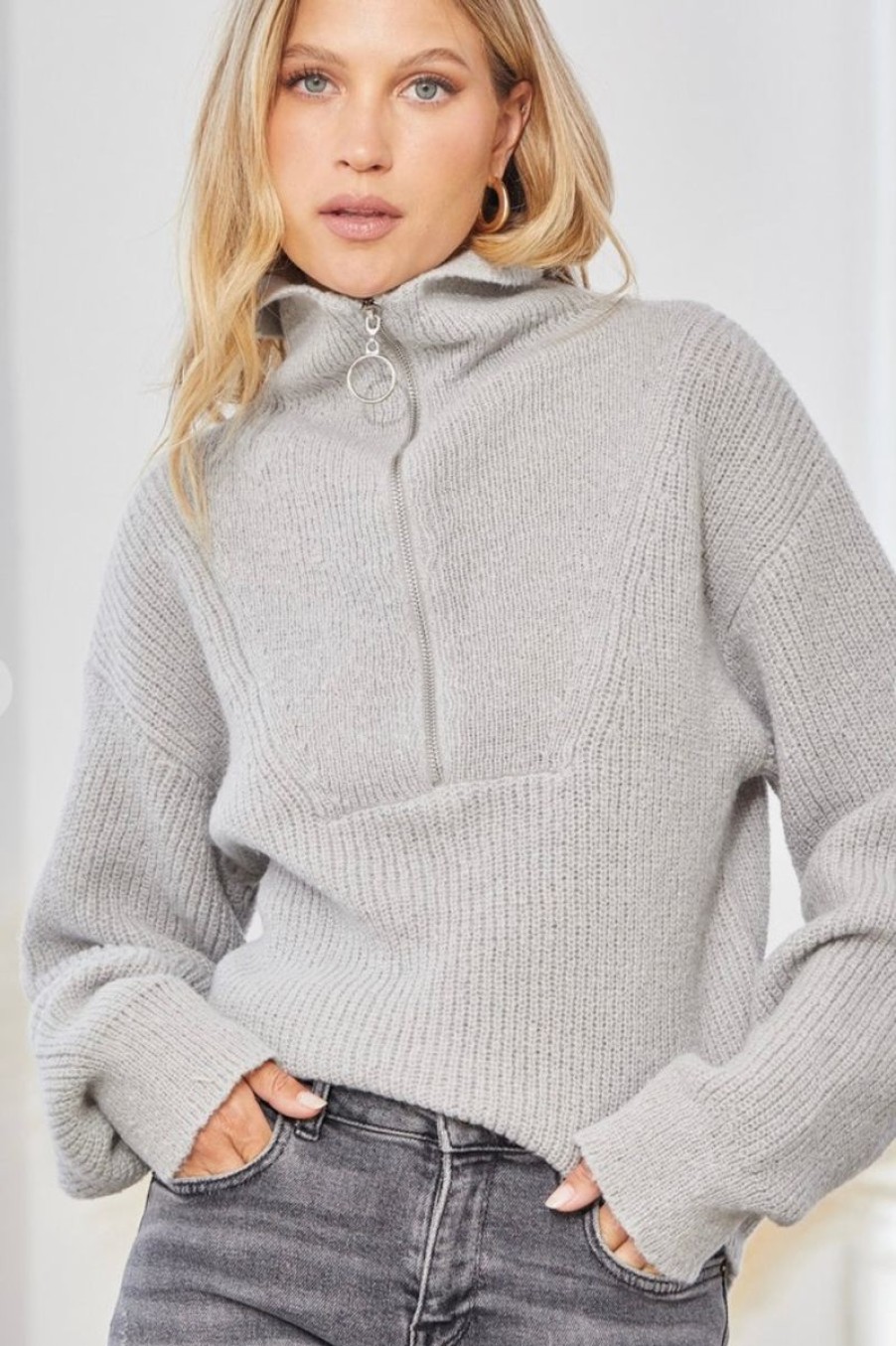 Women Aqua Bay Tops | Grey 1/4 Zip Sweater