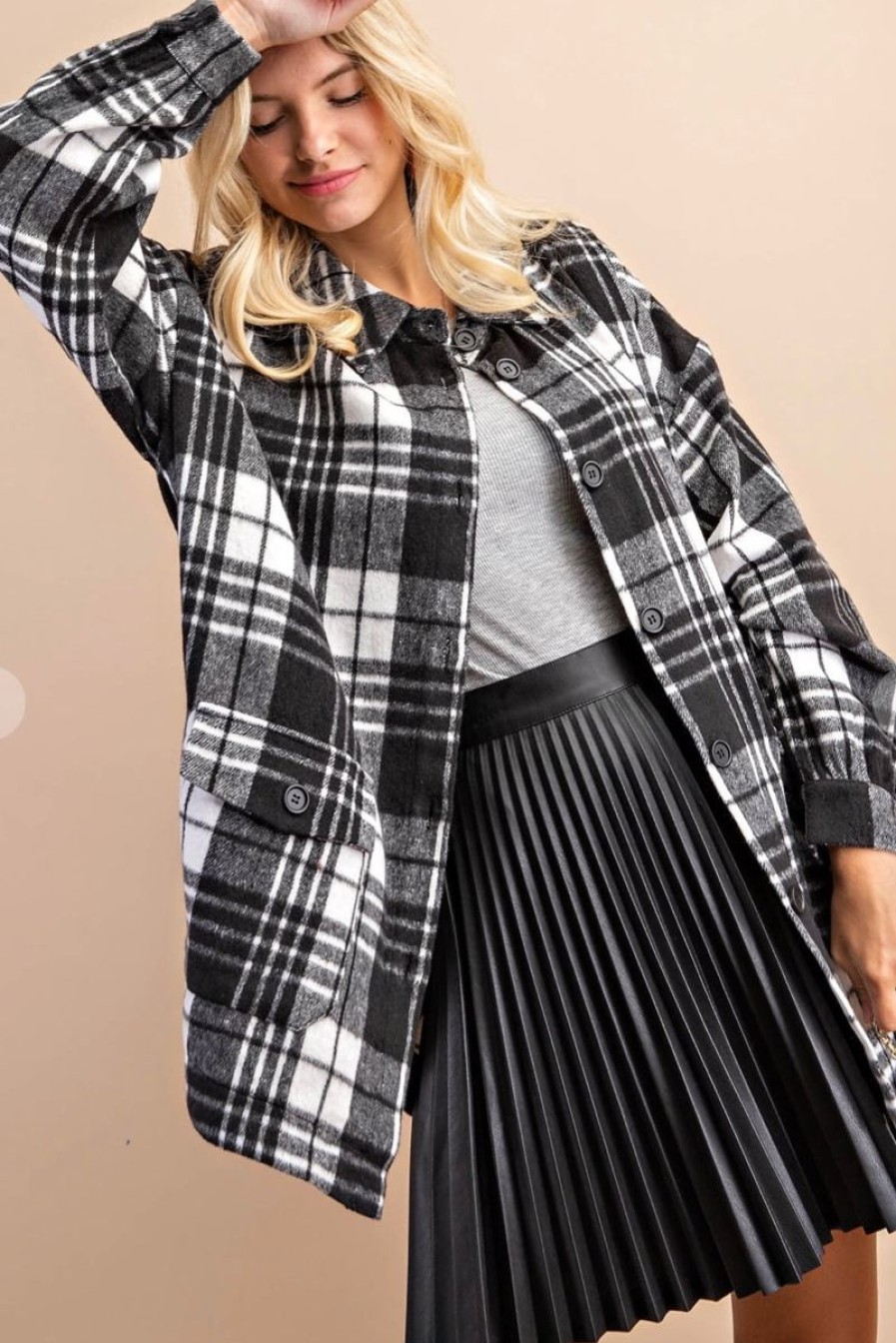 Women Aqua Bay Shackets & Jackets | Madison Black & White Plaid Shacket