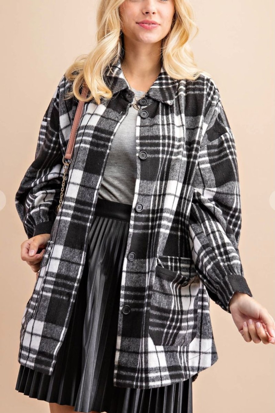 Women Aqua Bay Shackets & Jackets | Madison Black & White Plaid Shacket