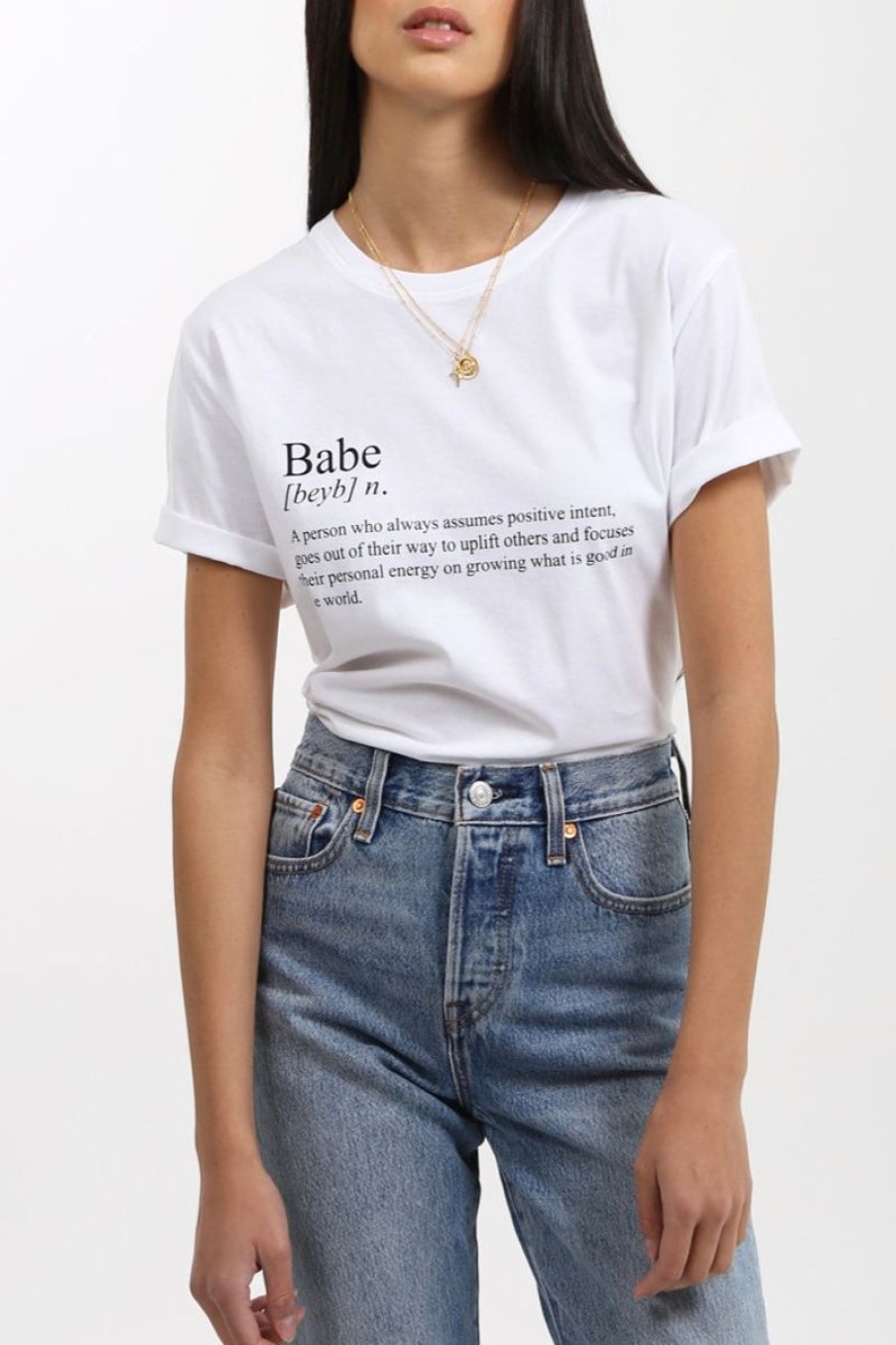 Women Aqua Bay Tanks & Tees | Brunette The Label The "Definition Of A Babe" Crew Neck White Tee-Last One Size Xl/Xxl