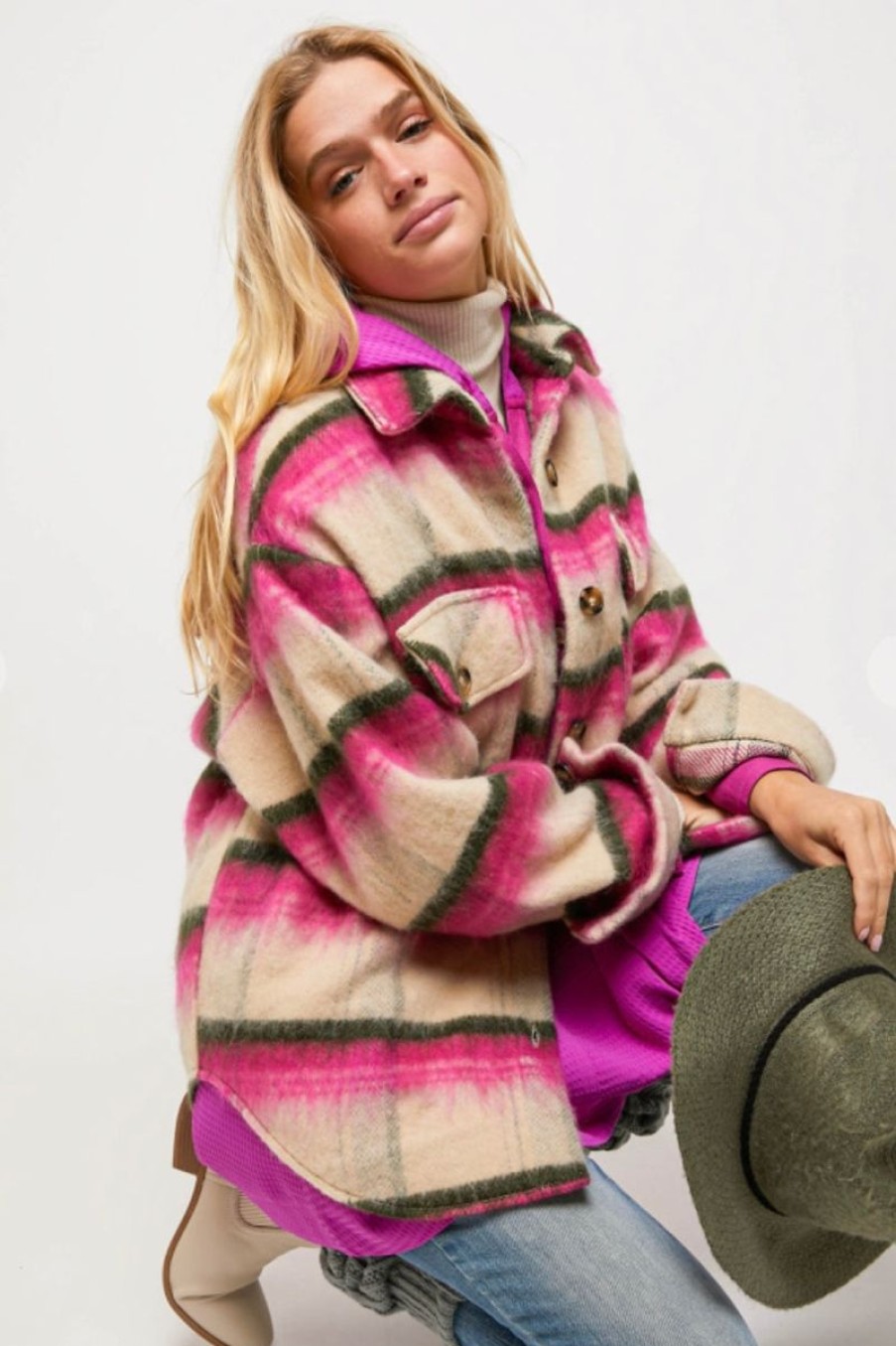 Women Aqua Bay Shackets & Jackets | Pink And Tan Stripe Shacket