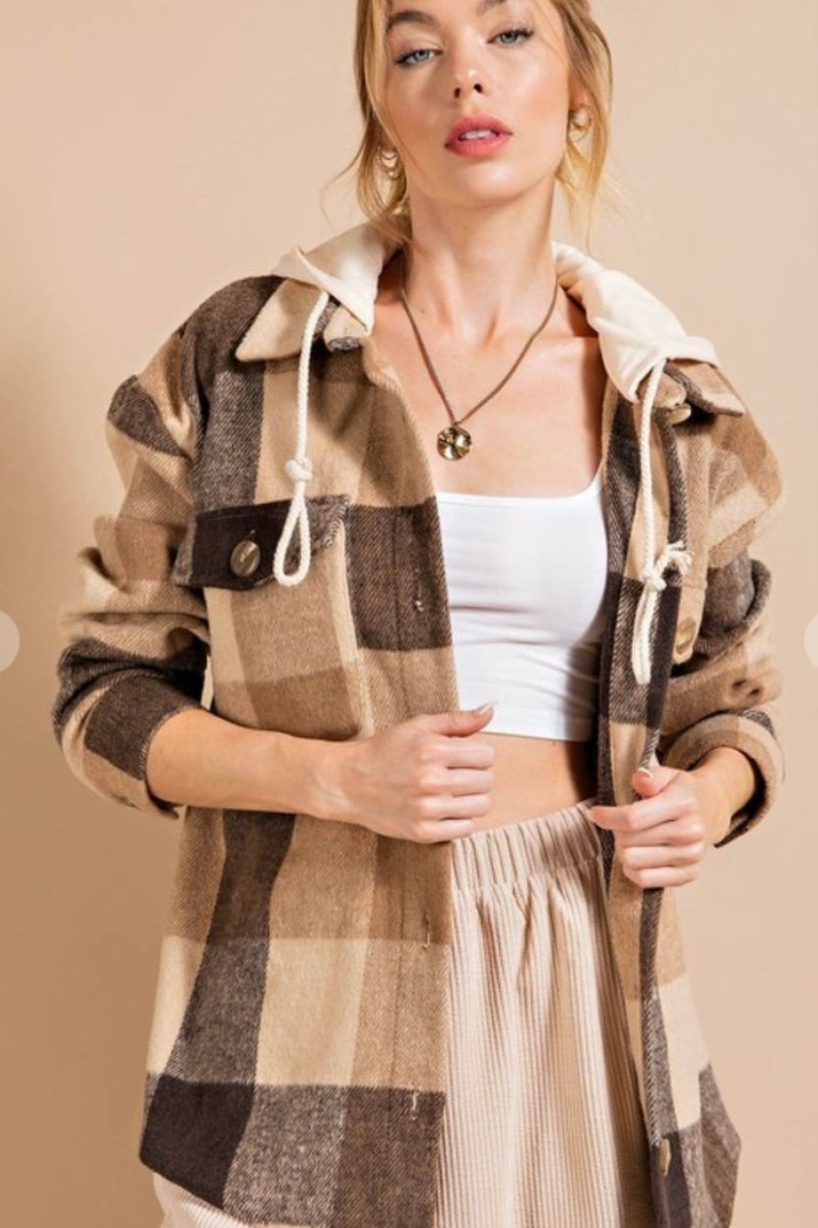 Women Aqua Bay Tops | Camel And Brown Buffalo Check Hooded Shacket