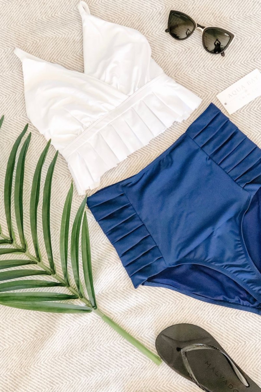 Women Aqua Bay Bikini Bottoms | The "Monroe" High Waist Pleated Bikini Bottom In Ocean Navy