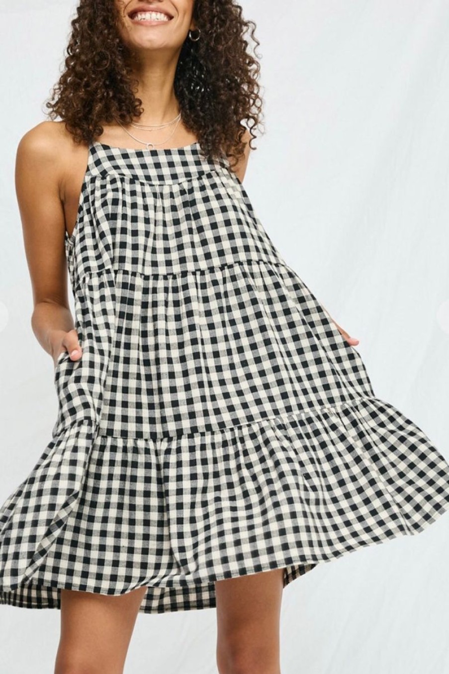 Women Aqua Bay Dresses & Rompers | Sammie Black And Cream Gingham Baby Doll Dress