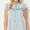 Women Aqua Bay Tops | Jenny Sleeveless Ruffle Denim Top-Size Xl & 1X