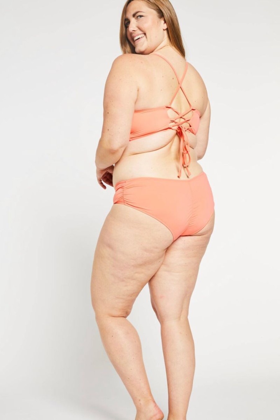 Women Aqua Bay Bikini Bottoms | The Tj Ruched Cheeky Bikini Bottom In Coral