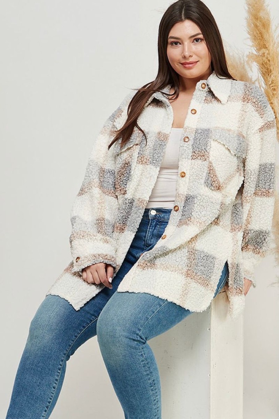 Women Aqua Bay Tops | Teddy Plaid Sherpa Shacket