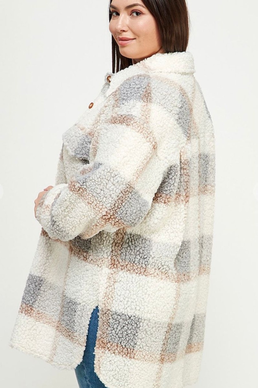 Women Aqua Bay Tops | Teddy Plaid Sherpa Shacket