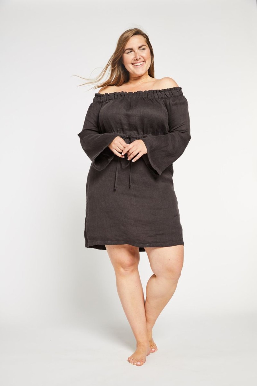 Women Aqua Bay Dresses & Rompers | Molly Bell Sleeve Off Shoulder Grey Linen Dress