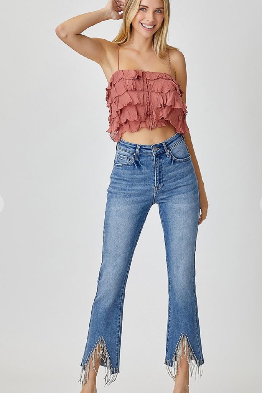 Women Aqua Bay Bottoms | Rhinestone Fringe Straight Leg Jeans