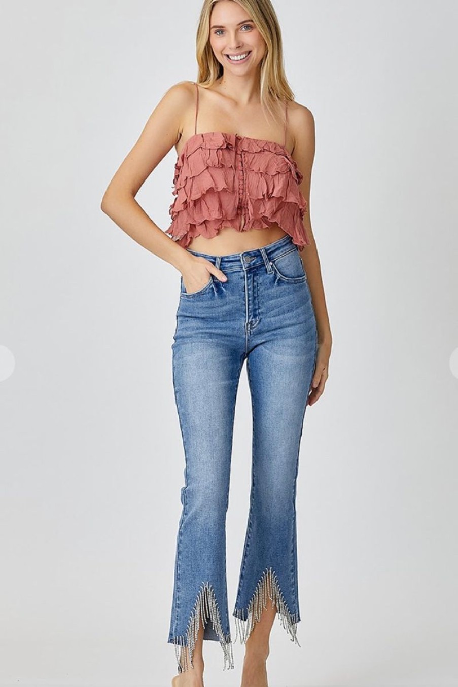 Women Aqua Bay Bottoms | Rhinestone Fringe Straight Leg Jeans