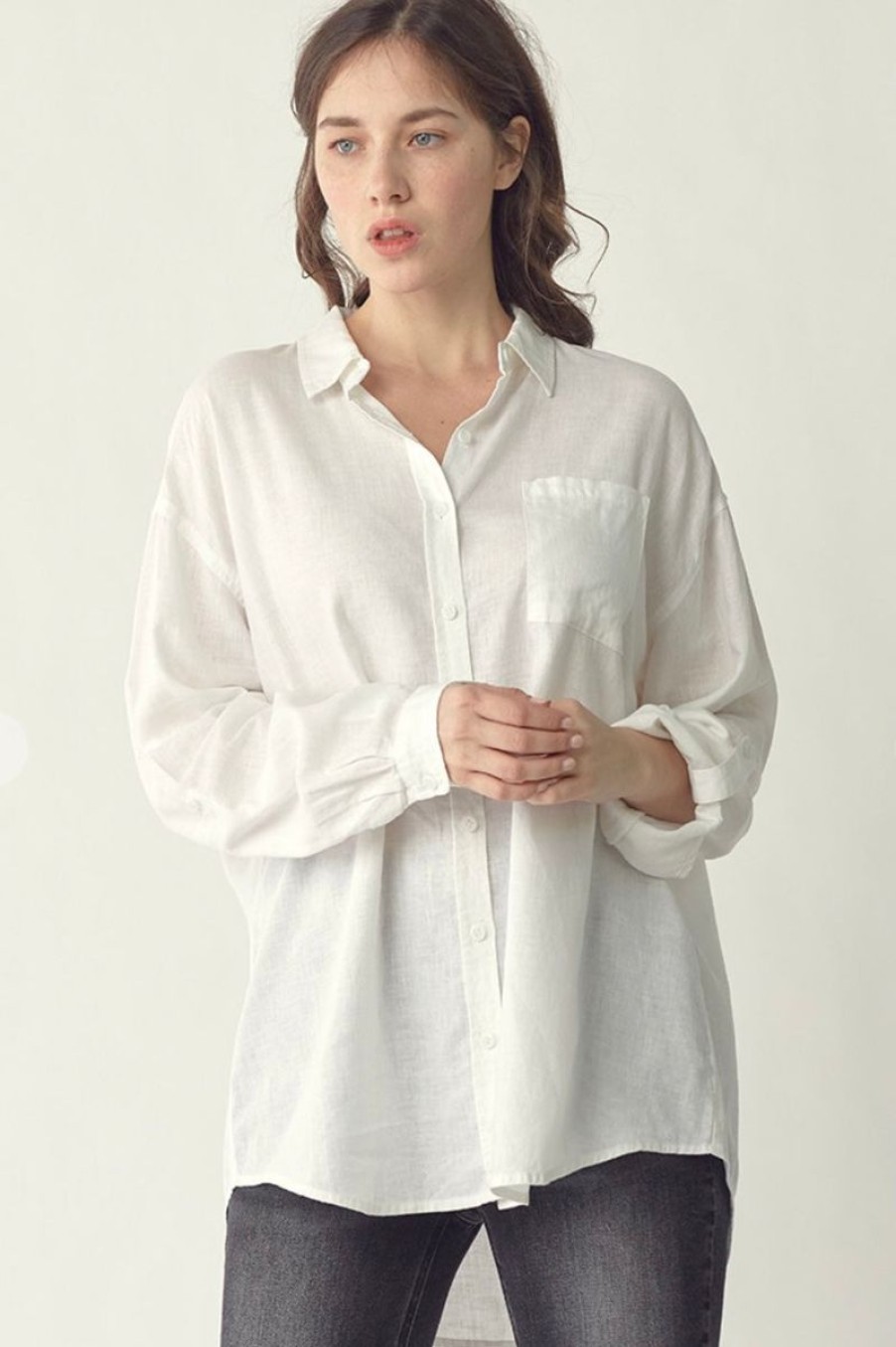 Women Aqua Bay Tops | Oversized White Linen Button Down Shirt