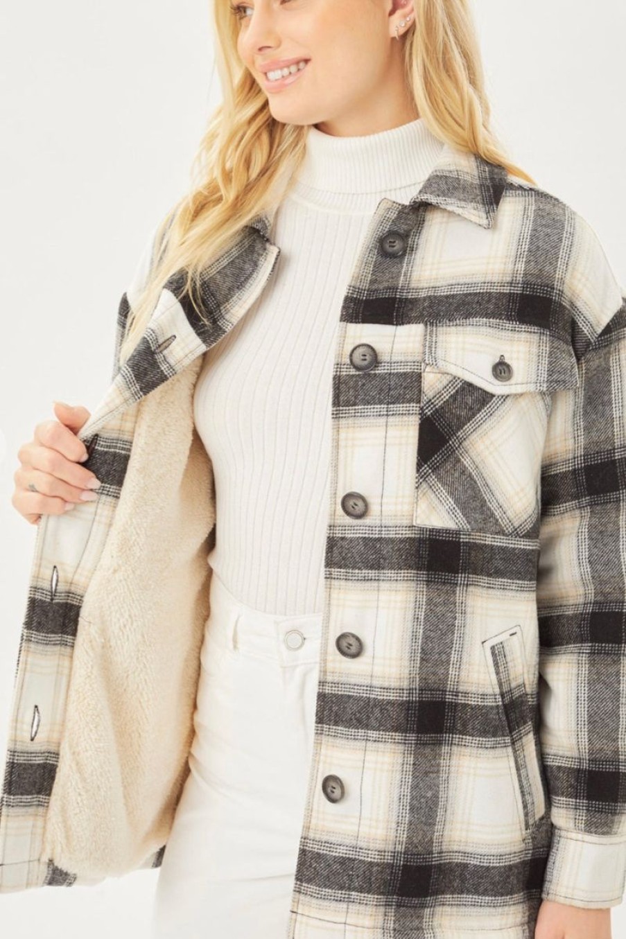 Women Aqua Bay Shackets & Jackets | Sherpa Lined Plaid Shacket