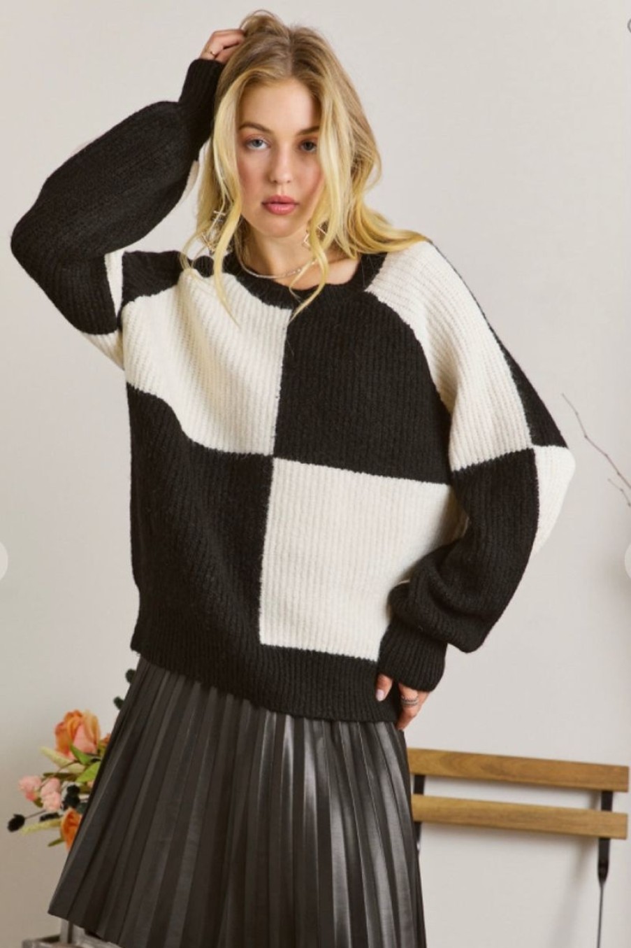 Women Aqua Bay Tops | Black And White Color Block Sweater