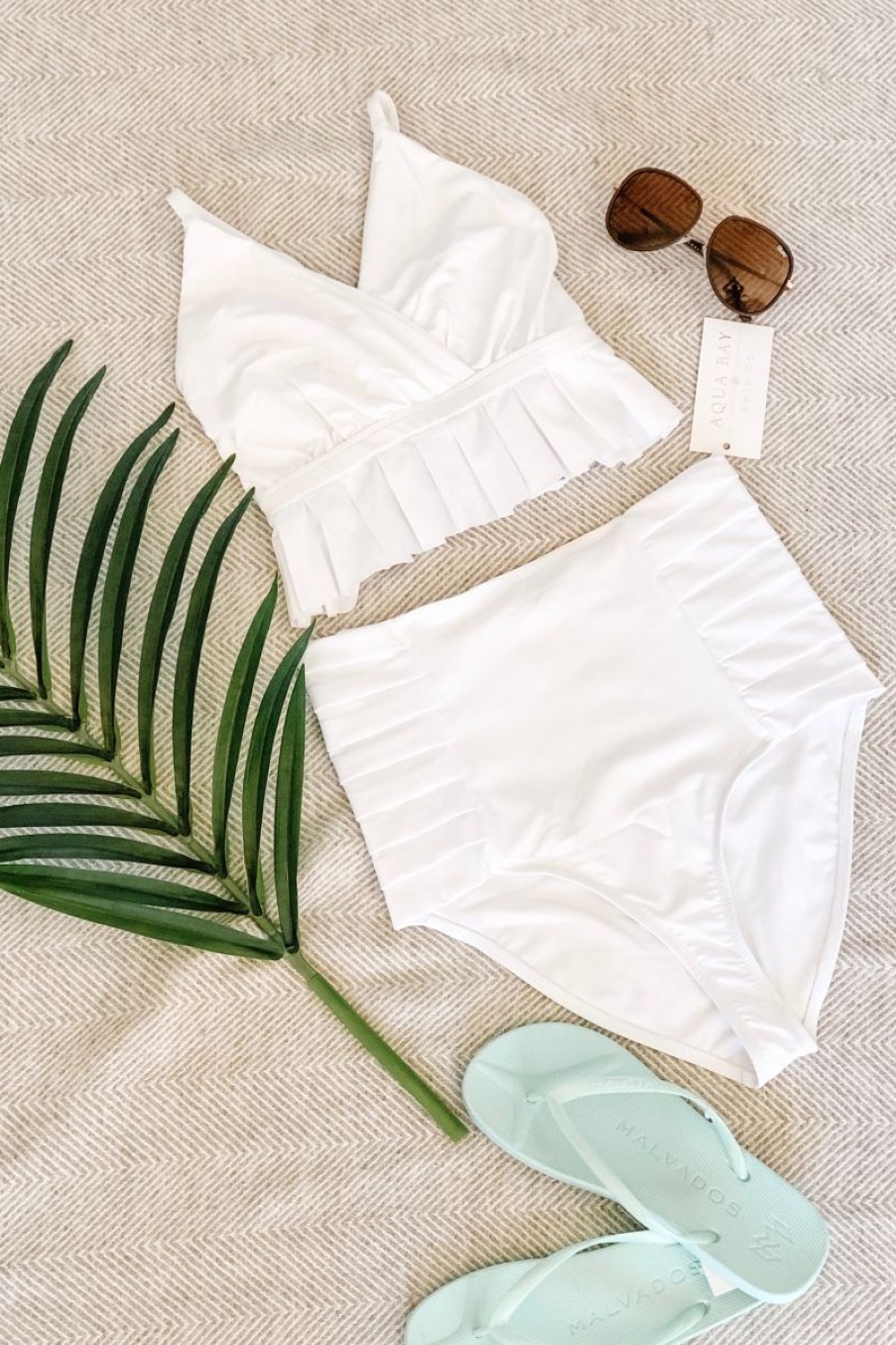 Women Aqua Bay Bikini Bottoms | The "Monroe" High Waist Pleated Bikini Bottom In Coconut White