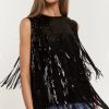 Women Aqua Bay Tanks & Tees | Black Sequin Fringe Sleeveless Top