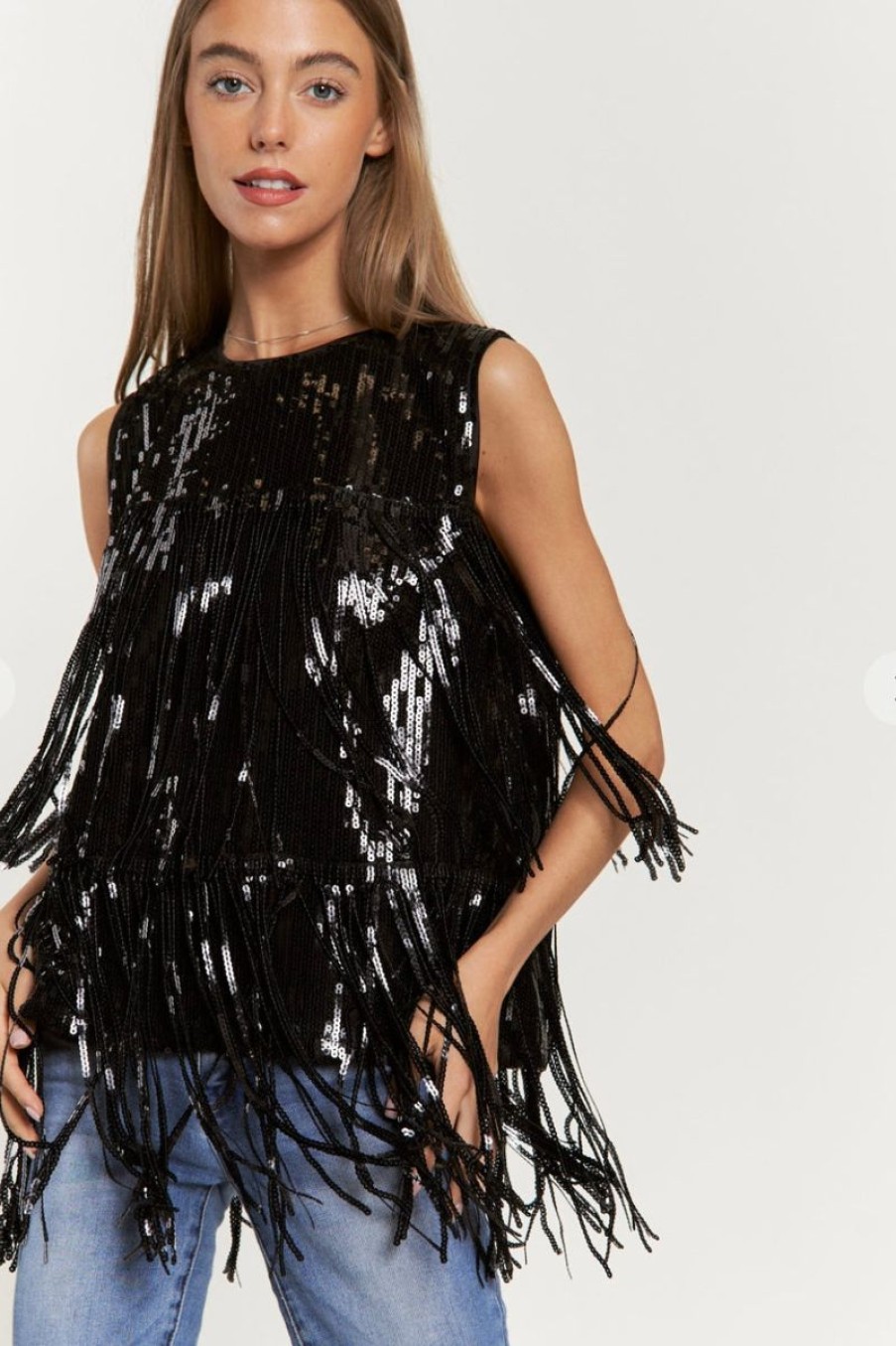 Women Aqua Bay Tanks & Tees | Black Sequin Fringe Sleeveless Top