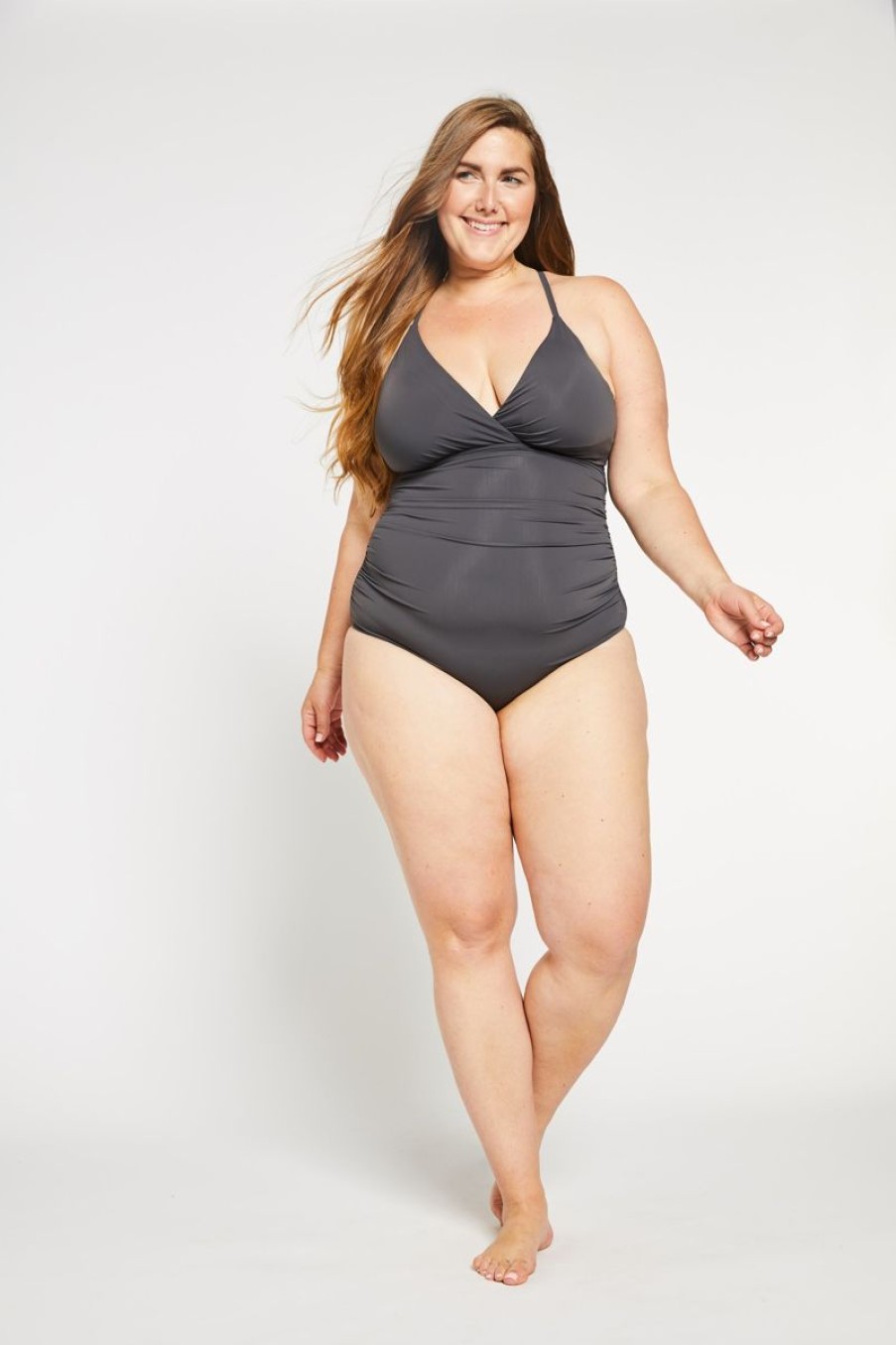 Women Aqua Bay One Piece Swimsuit | The Tina Ruched Lace-Up Back One Piece Swimsuit In Stone Grey