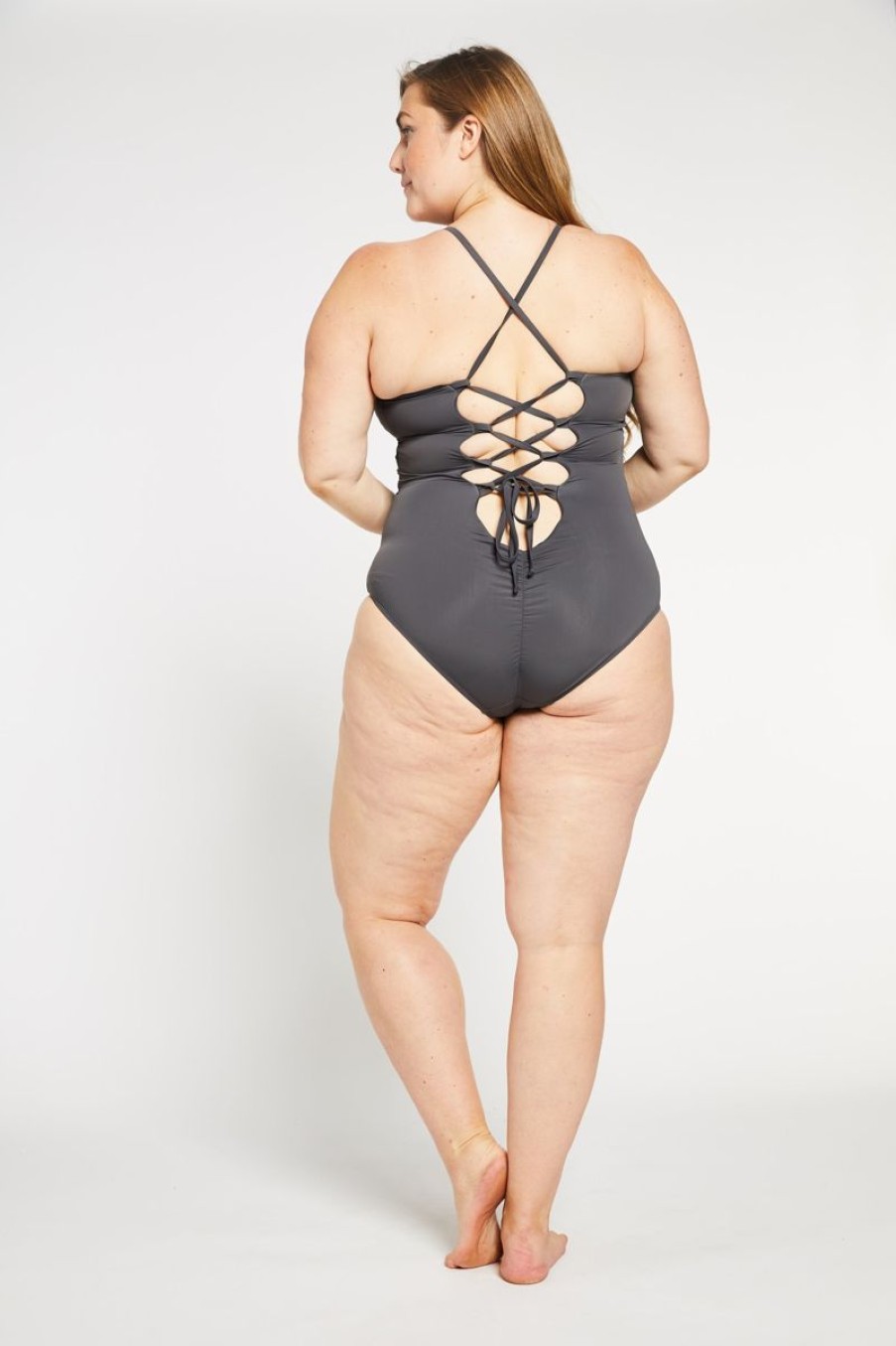 Women Aqua Bay One Piece Swimsuit | The Tina Ruched Lace-Up Back One Piece Swimsuit In Stone Grey