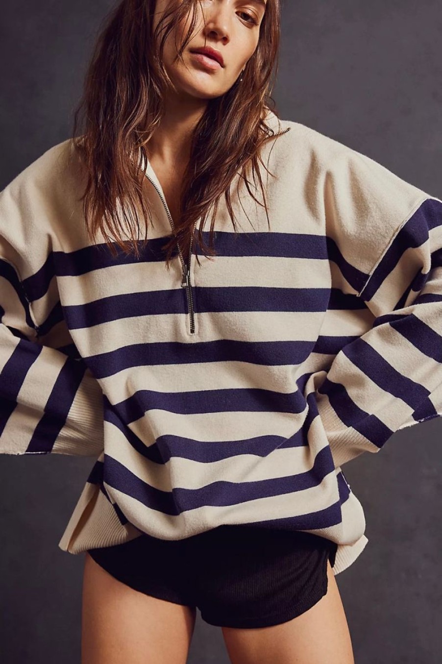 Women Aqua Bay Sweaters & Cardigans | Free People Coastal Stripe Pullover Sweater-Last One Size M Champagne Navy Combo