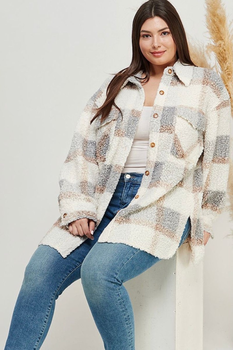 Women Aqua Bay Shackets & Jackets | Teddy Plaid Sherpa Shacket