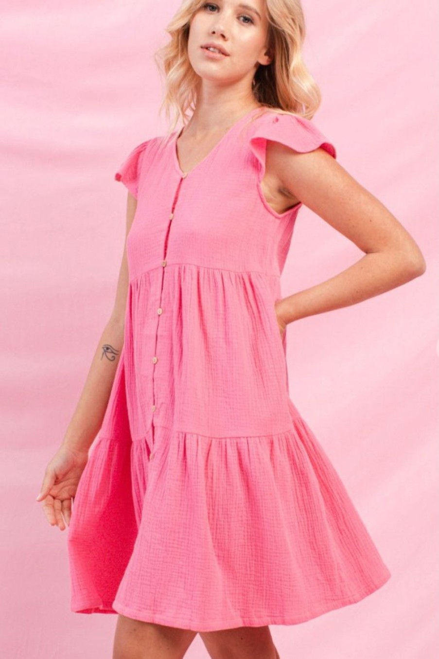 Women Aqua Bay Dresses & Rompers | Flutter Cap Sleeve Cotton Dress Barbie Pink