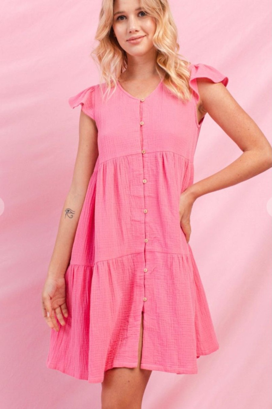 Women Aqua Bay Dresses & Rompers | Flutter Cap Sleeve Cotton Dress Barbie Pink