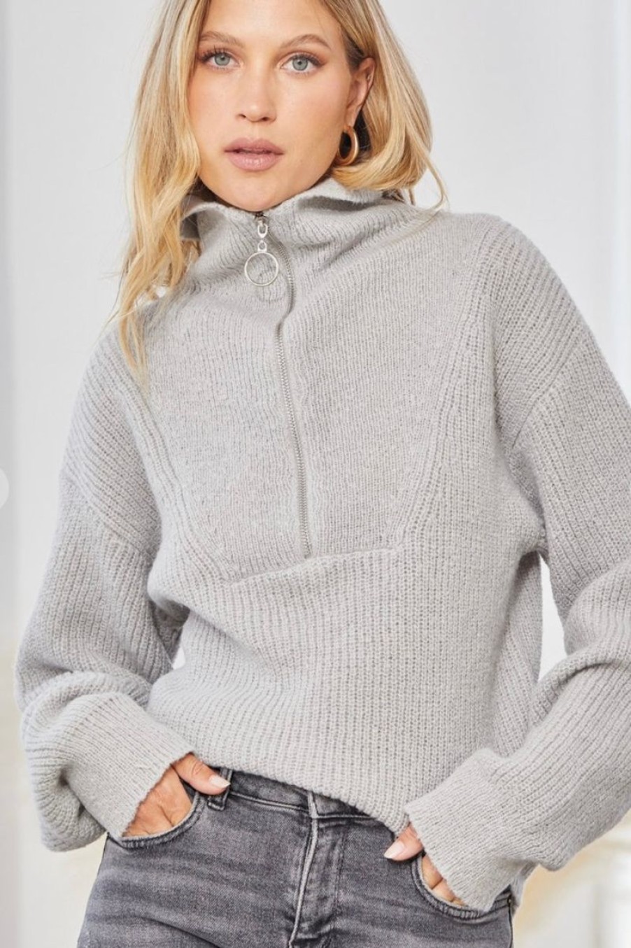 Women Aqua Bay Sweaters & Cardigans | Grey 1/4 Zip Sweater