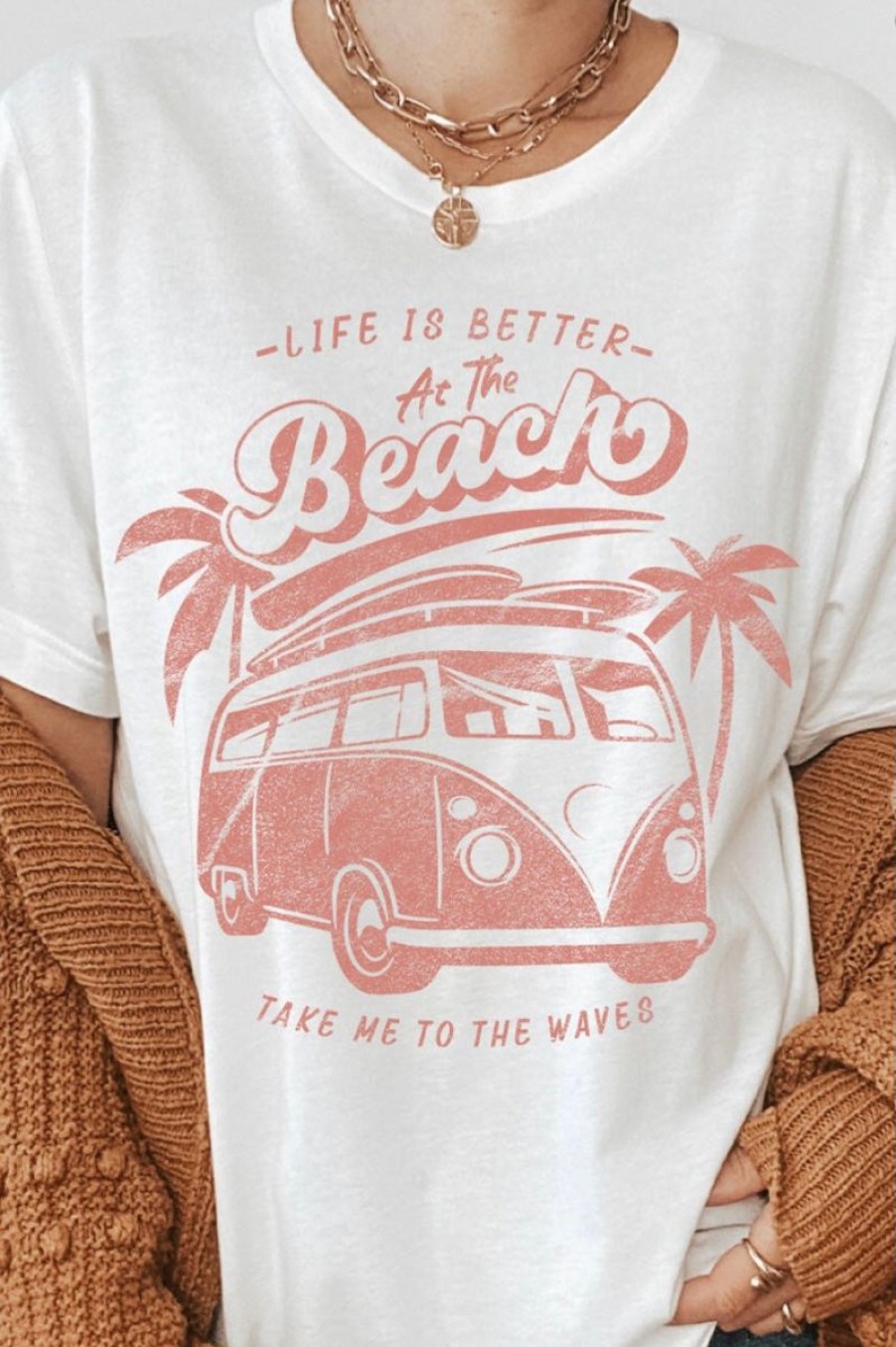 Women Aqua Bay Tops | Life Is Better At The Beach White Cotton T-Shirt