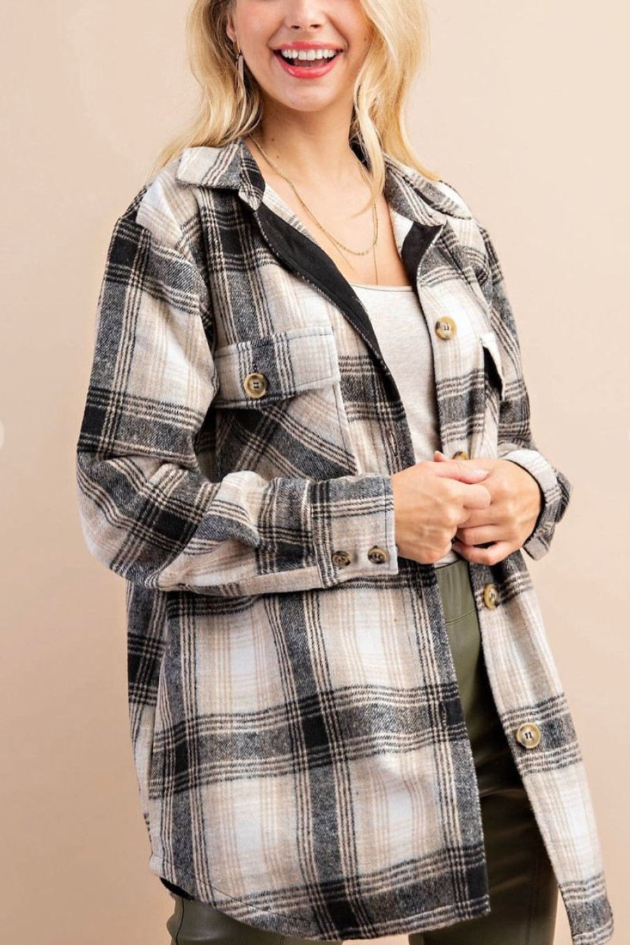 Women Aqua Bay Shackets & Jackets | Sheila Black & Tan Plaid Shacket