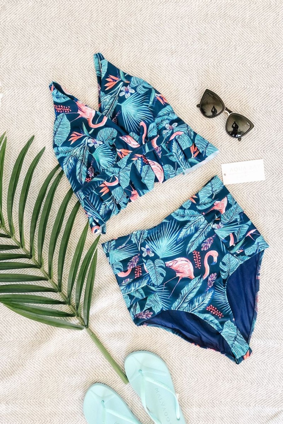 Women Aqua Bay Bikini Tops | The "Marilyn" Pleated Ruffle Bikini Top In Tropics