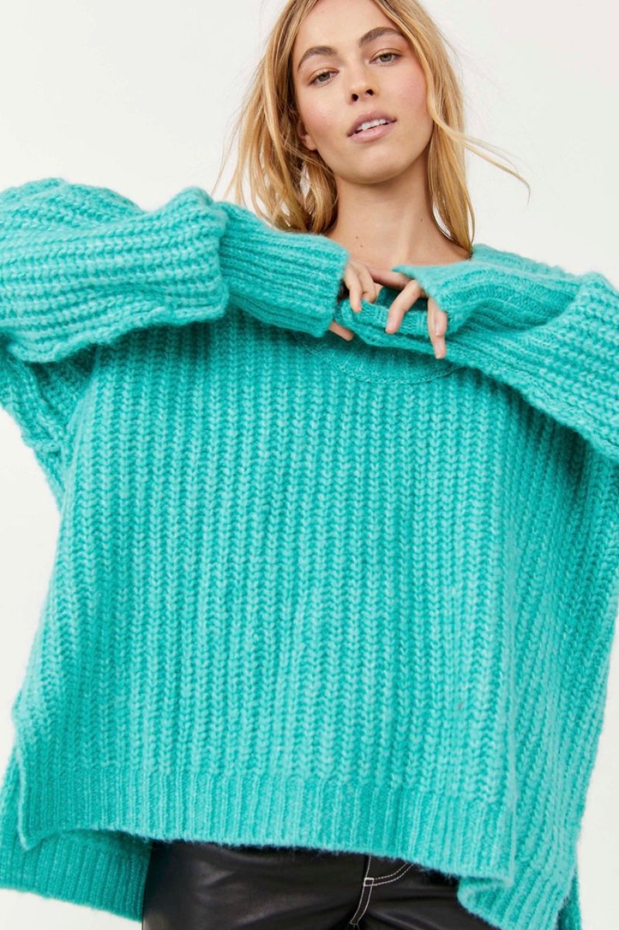 Women Aqua Bay Tops | Free People Blue Bell V Neck Sweater In Turquoise Electric Teal